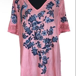 Sundance Vegan Silk Pink Embroidered Short Sleeve Top Women’s M